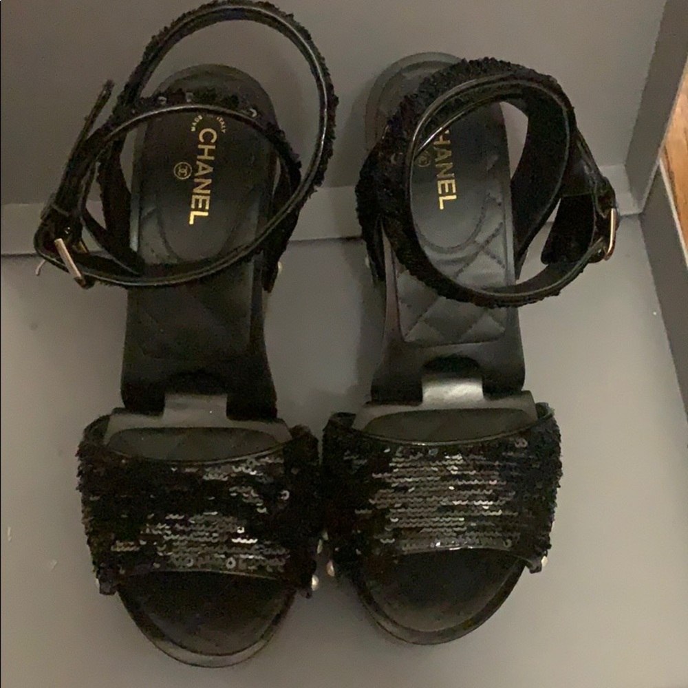 Chanel Black Sparkle Wedges